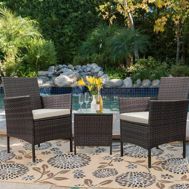 3-Piece Outdoor Patio Furniture Set with 2 PE Rattan Wicker Chairs