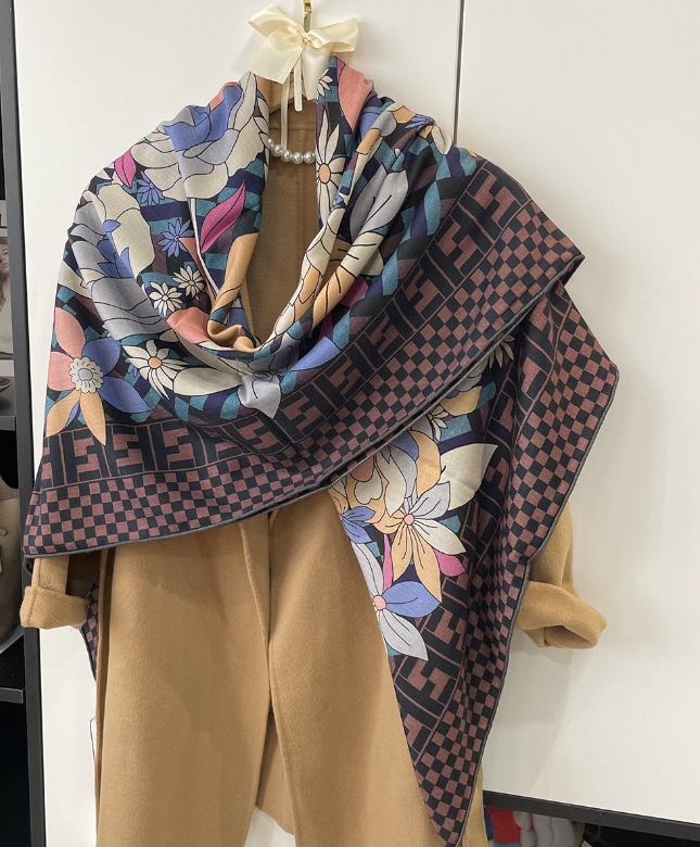 70% Cashmere 30% Silk Wrap Scarf Pink flower Print Double Face Print Shawl 51