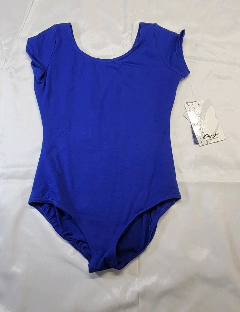 Capezio Short Sleeve Leotard Royal Blue Scoop Front/Back Ballet Leg Lined SZ. LC