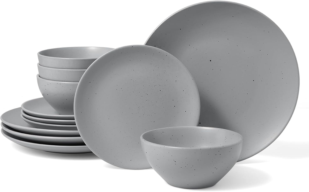 Stylish Moon Dinnerware Set for 4 with 12 Speckled Stoneware Plates and Bowls