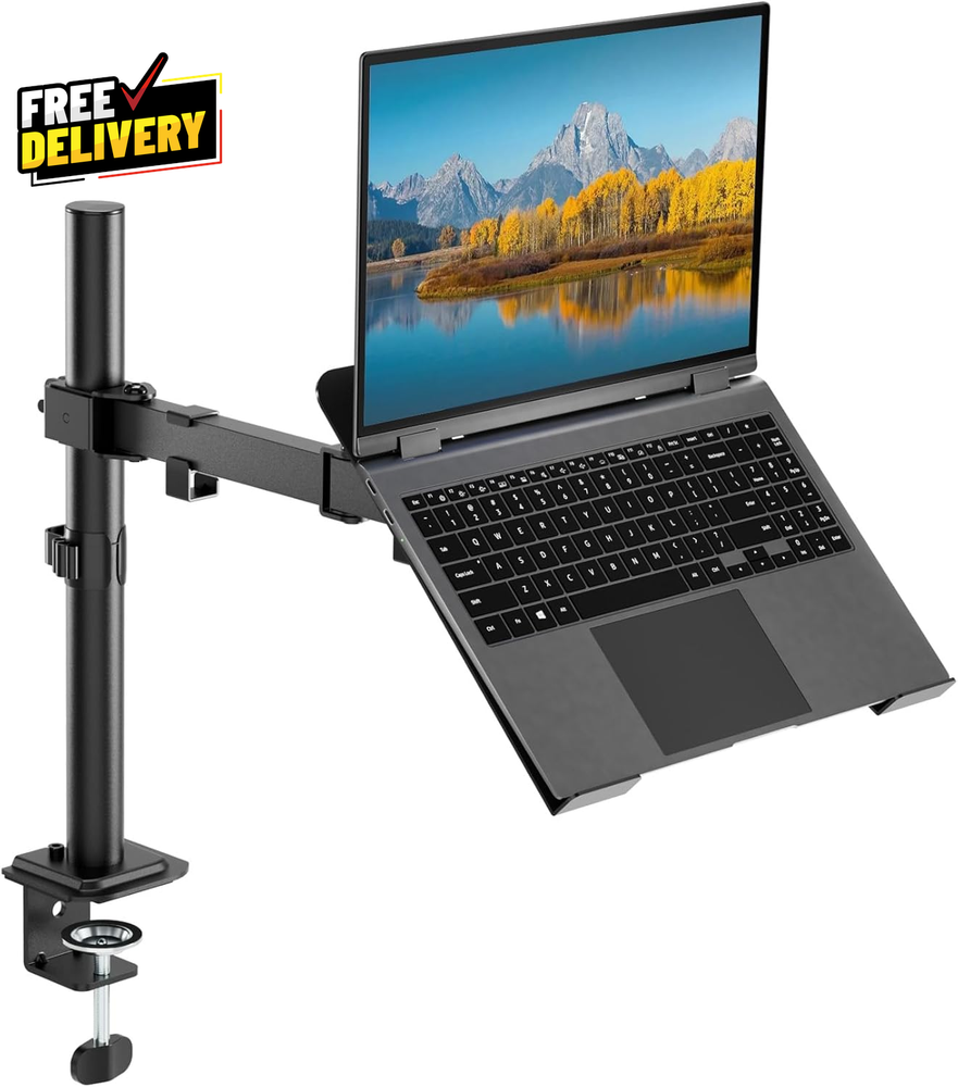 Single Laptop Desk Mount Adjustable Vented Tray Full Motion Stand up to 17 Inch