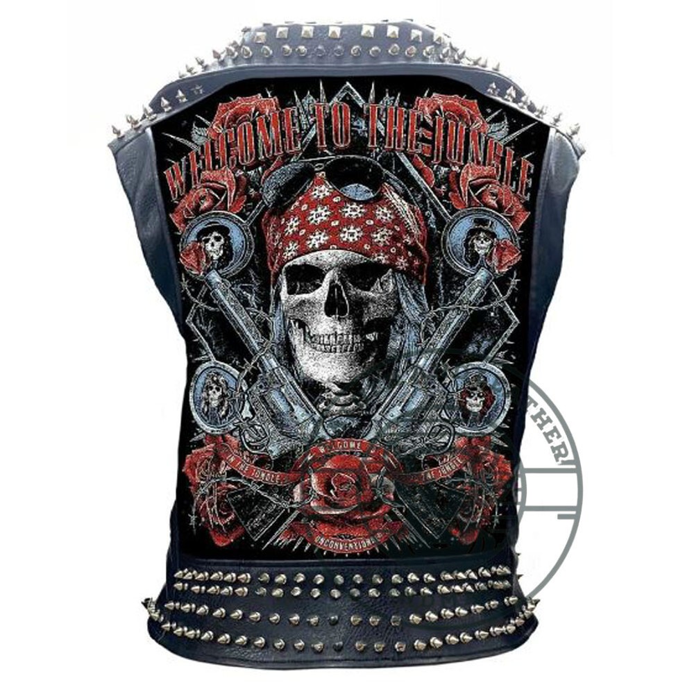 Men's Guns N Roses Studded Leather Vest with Welcome to the Jungle Design