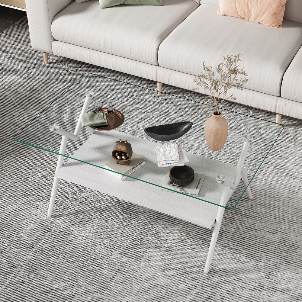 Modern Rectangle Coffee Table with Tempered Glass top and White Metal Legs