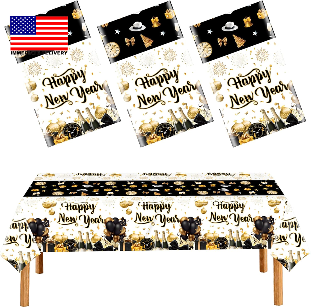 3 Pack New Years Tablecloths,Happy New Year Decorations,Black and Gold Disposabl