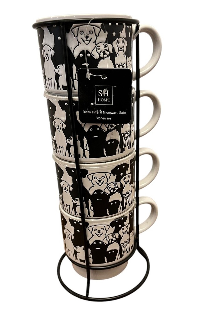 SH Home Stackable Mugs Black And White Dogs Stoneware Set Of 4