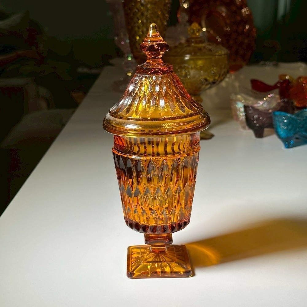 Vtg 1960s Indiana Glass Mount Vernon Amber Apothecary Pedestal Lid Candy Dish