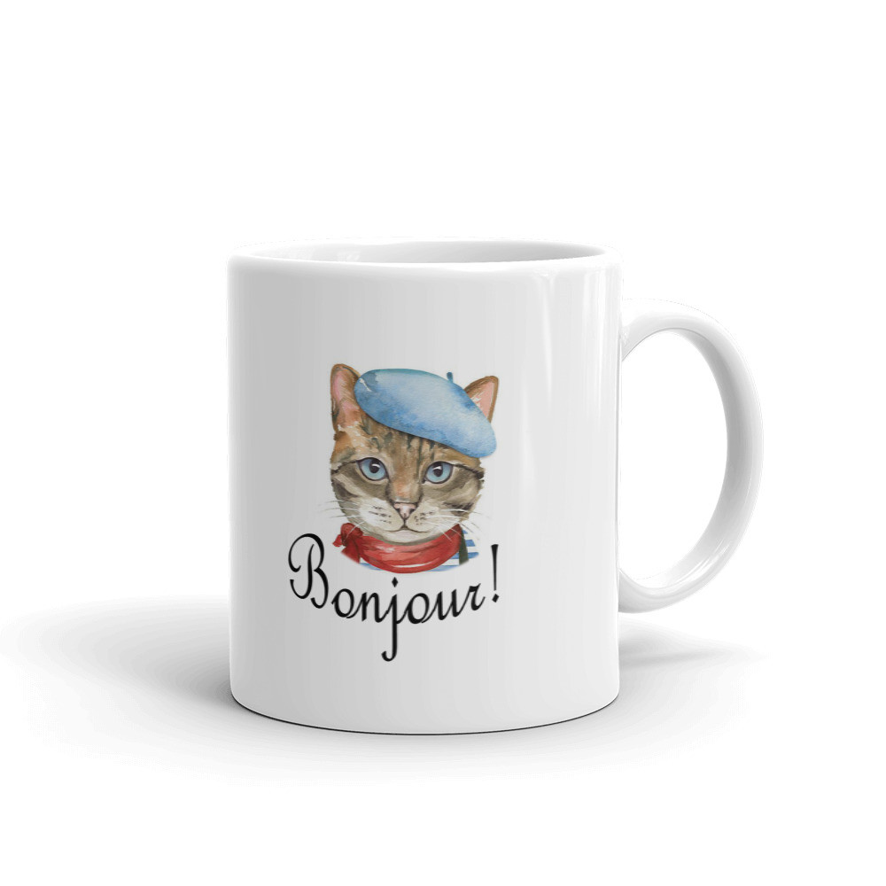 Bonjour French Language Ceramic Mug Office Work Cup Cat Lover Gift Coffee Mug
