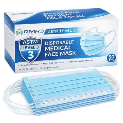 RMH3 Dental Disposable 4-Ply ASTM Level 3 Ear-Loop Face Mask, Blue, 50/Pk