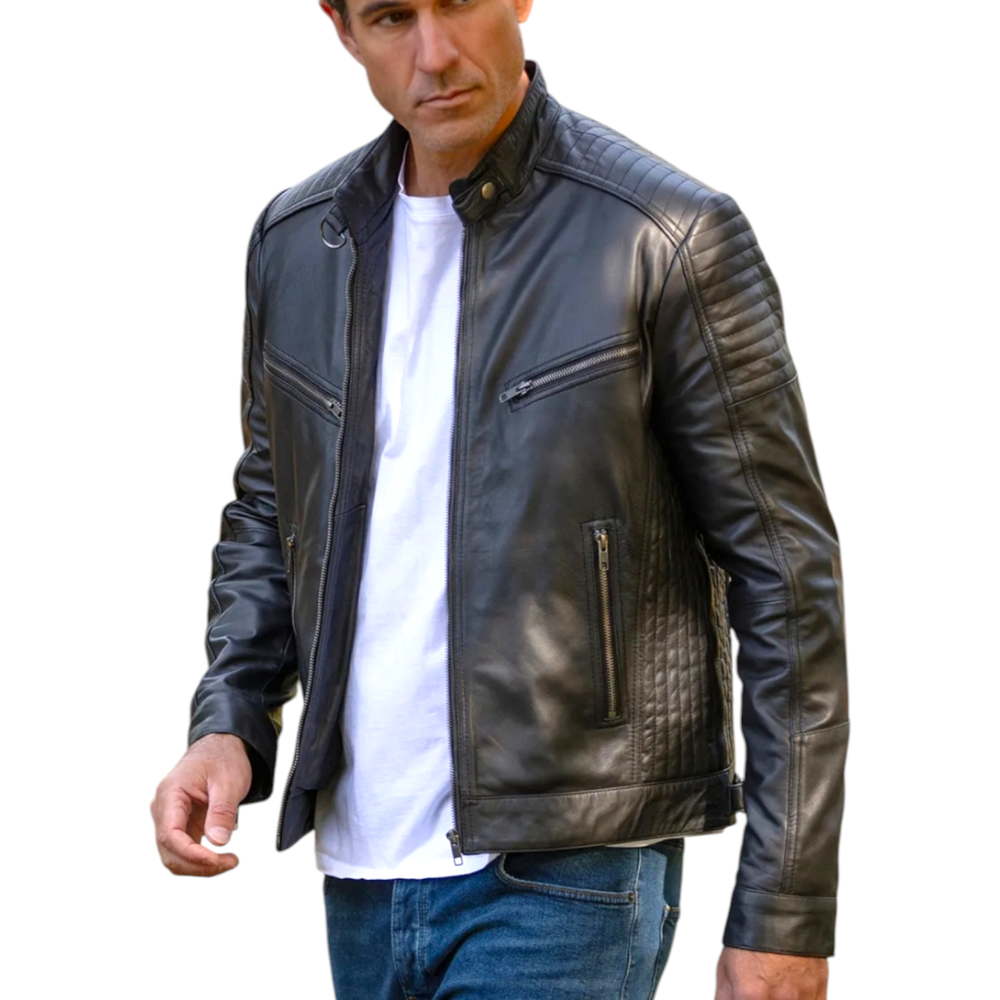 Leather jacket biker black men's genuine motorcycle classic quilted shoulder