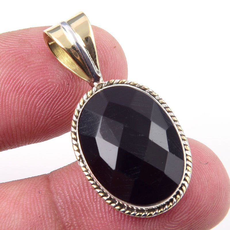 Natural Black Onyx Gemstone in 925 Sterling Silver Two-Tone Pendant 1.25 Inch