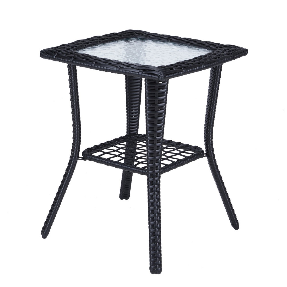 Outdoor Wicker Rattan Side Table with Glass Top for Patio Garden Balcony