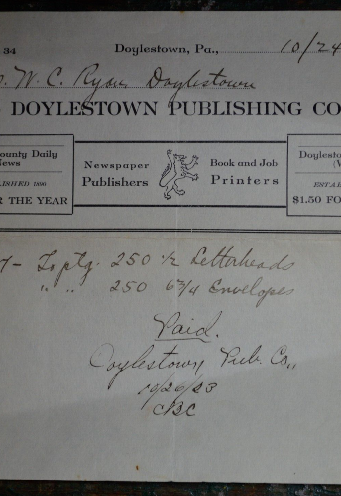 1923 Doylestown Publishing Co. Billhead Bucks County Daily News & DTOWN Democrat