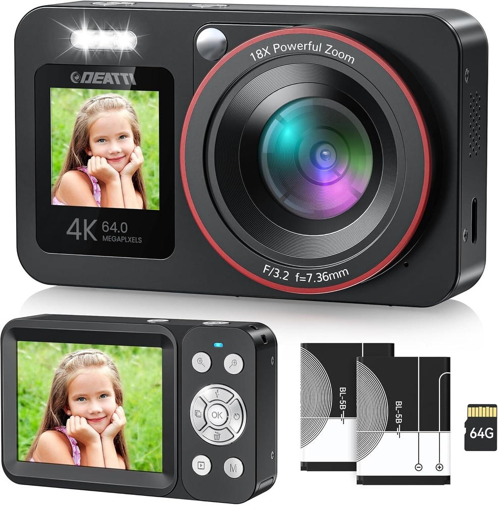Digital Camera,FHD 4K 64MP Camera with Dual Screens 64GB SD Card 2 Batteries