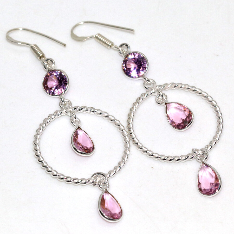 925 Silver Plated Pink Kunzite Faceted Long Earrings Jewelry Size 2.7