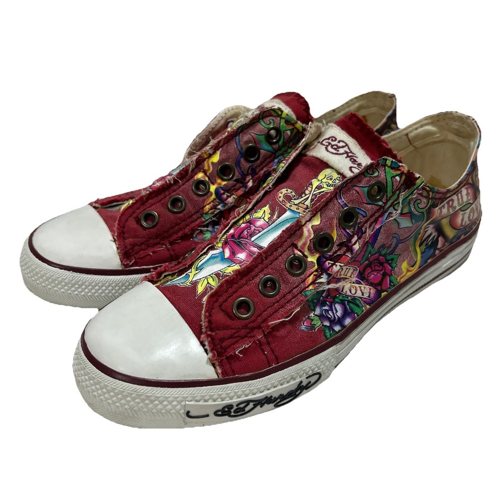 Vtg Y2K Ed Hardy Red Low Slip On No Lace Women's Sneakers Size 7 True Love