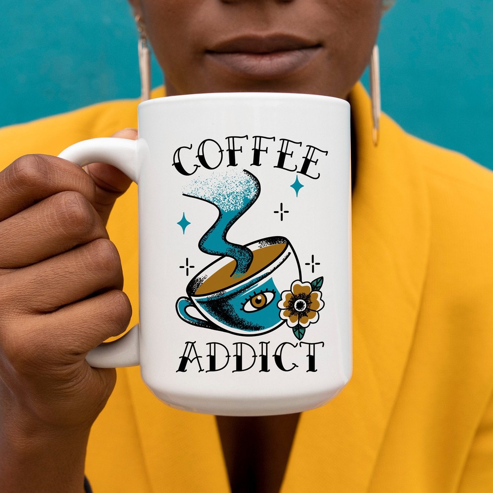 Coffee Addict Traditional Tattoo Design Ceramic Mug White Tea Cup