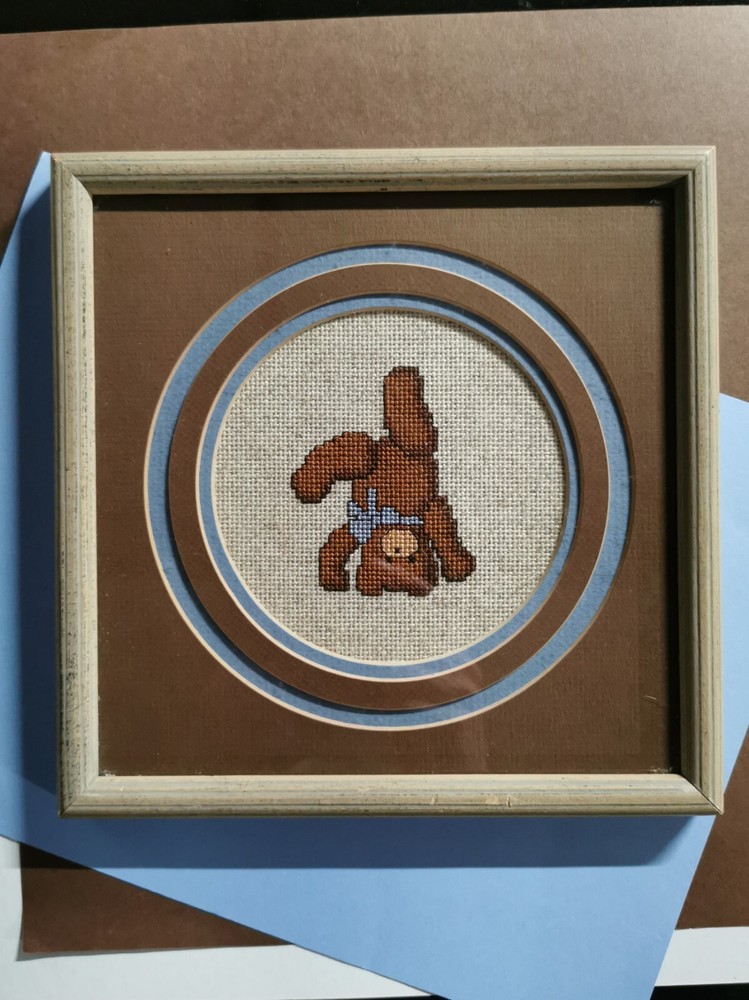 Vintage Custom Framed Matted Cross Stitch Teddy Bear Decor Wall Art 8x8