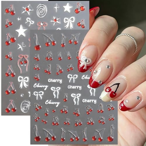 2Pcs Rhinestone Bow Nail Art Stickers 5D Embossed Cute Cherry diamond cherry
