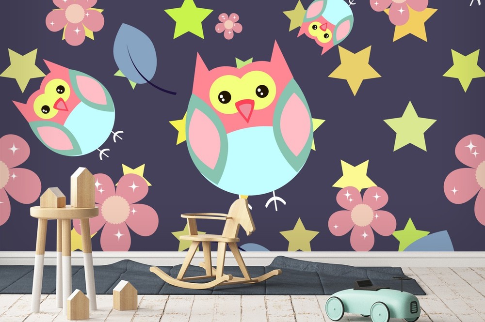 3D Cartoon Owl Flower Pattern Wall Murals Wallpaper Murals Wall Sticker