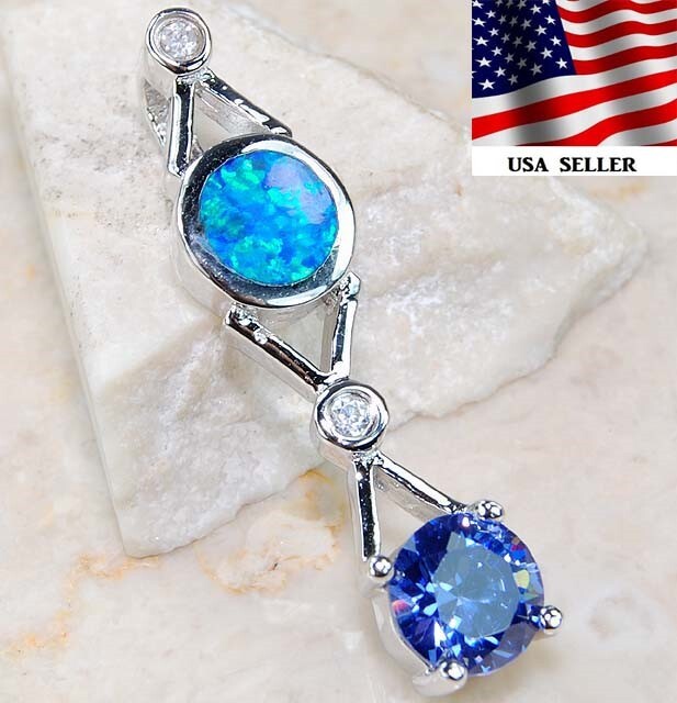 Treated Blue Sapphire & Australian Opal Inlay 925 Sterling Silver Pendant GA8