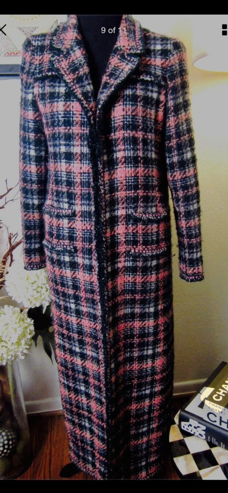 Authentic CHANEL Pink Tartan Plaid Wool Long Duster Coat Size 40