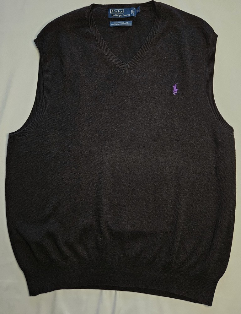 Mens Polo Ralph Lauren Sleeveless Black Vee Neck Sweater Vest XL - NICE