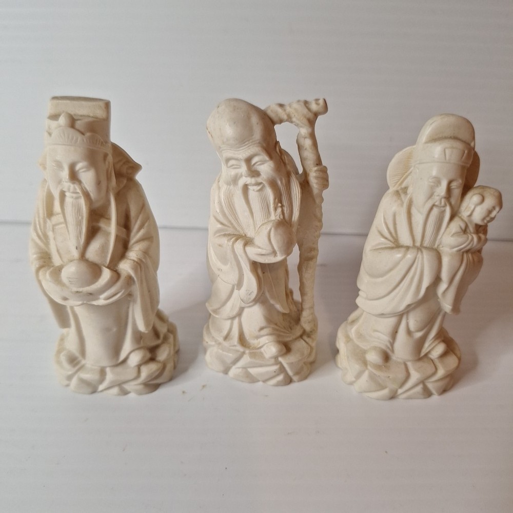 Vintage Carved Resin Chinese Sanxing Deity Figurines, Fuk, Luk, and Sau, Taoist