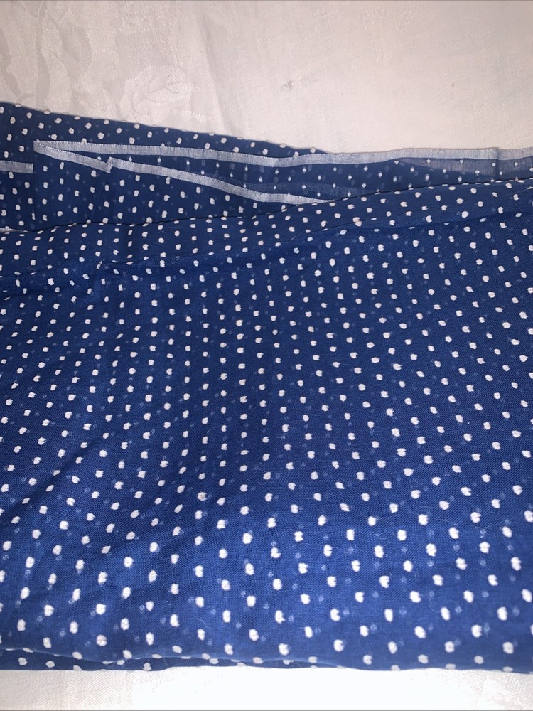 Blue Cotton sheer Fabric w/ Flocked White Swiss Dots 2+ yards x 34” Wide vintage