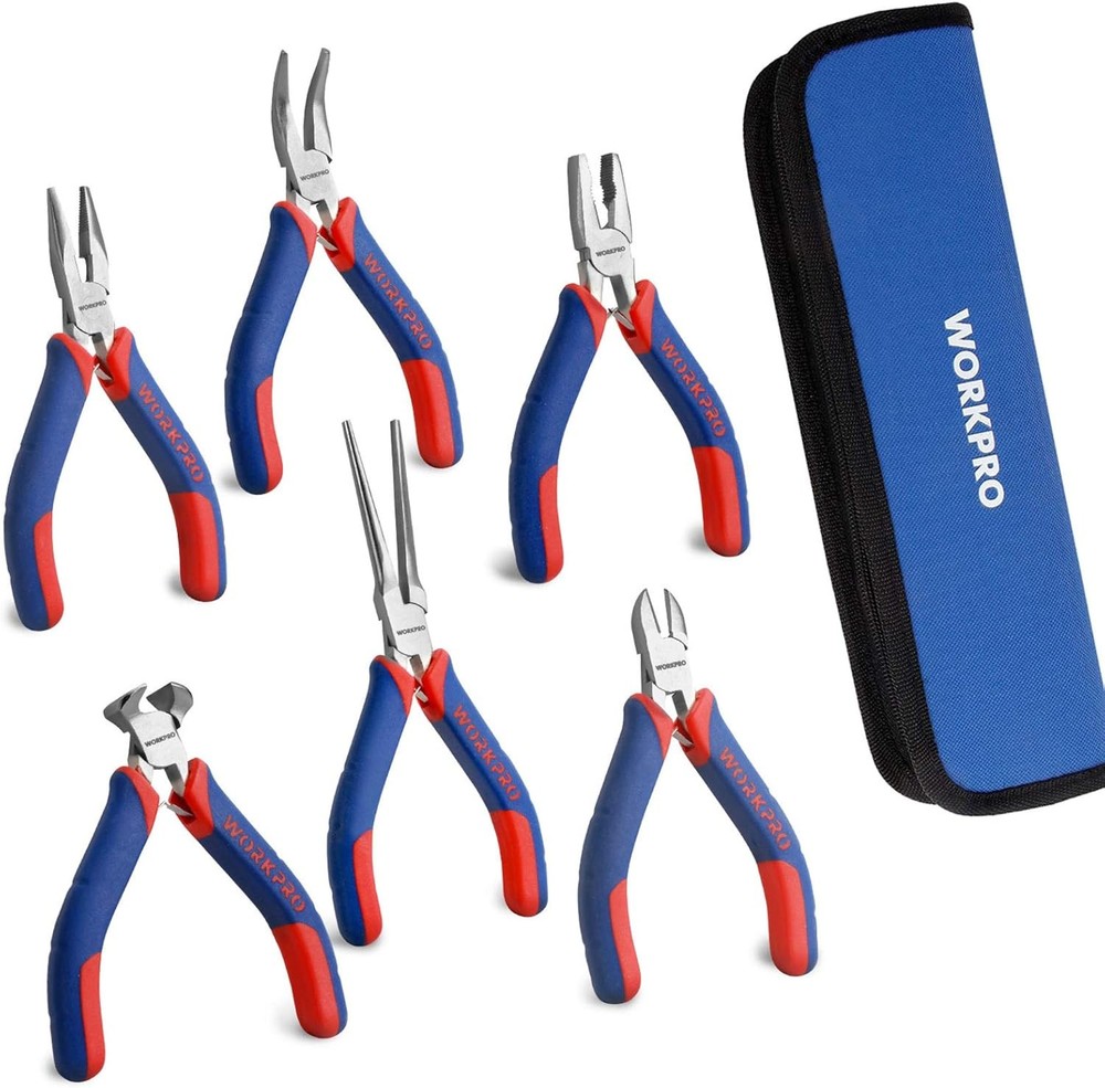 WORKPRO 6-piece Mini Pliers Set - Needle Nose, Diagonal, Long Bent Blue
