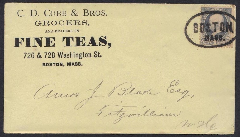 US 1870's SUPERB BOSTON MASS OVAL SEAL ON ADVERTISING GROCERS FINE TEAS COVER