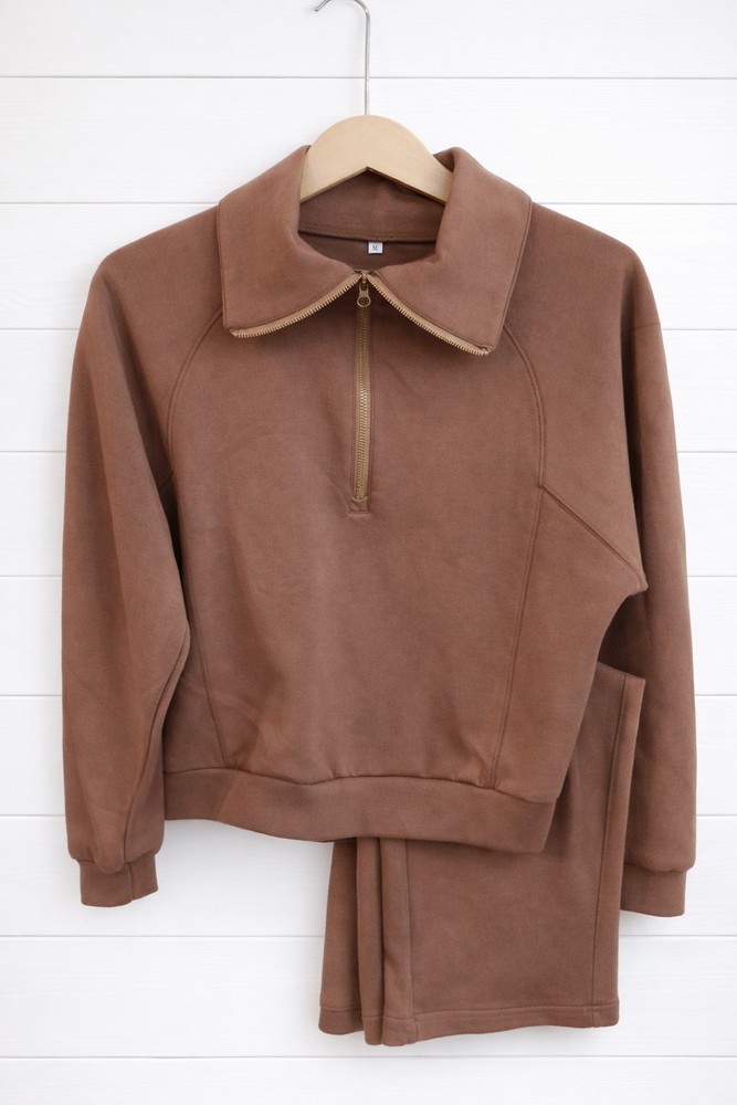 Small Sweat Set For Women Half Zip Pullover Wide Leg Sweatpants Brown 1/2 Zip