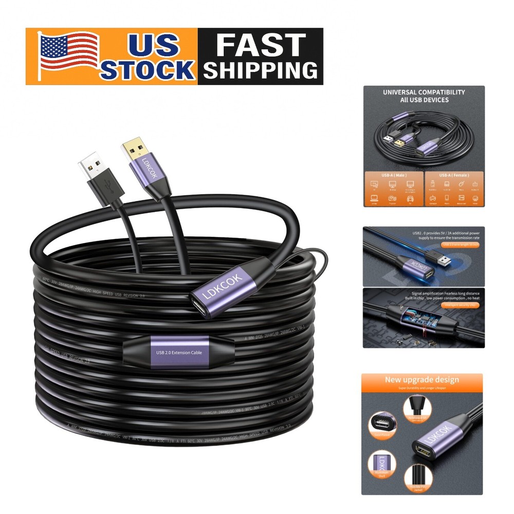 50ft USB 2.0 Active Extension Cable with Braided Design - 480 Mbps High Speed