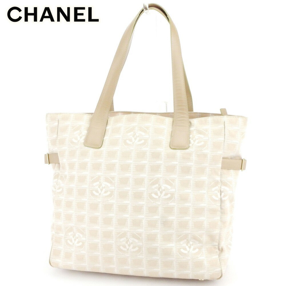 Chanel Vintage Tote Bag Shoulder Nylon Jacquard Gold Leather Beige GM Used