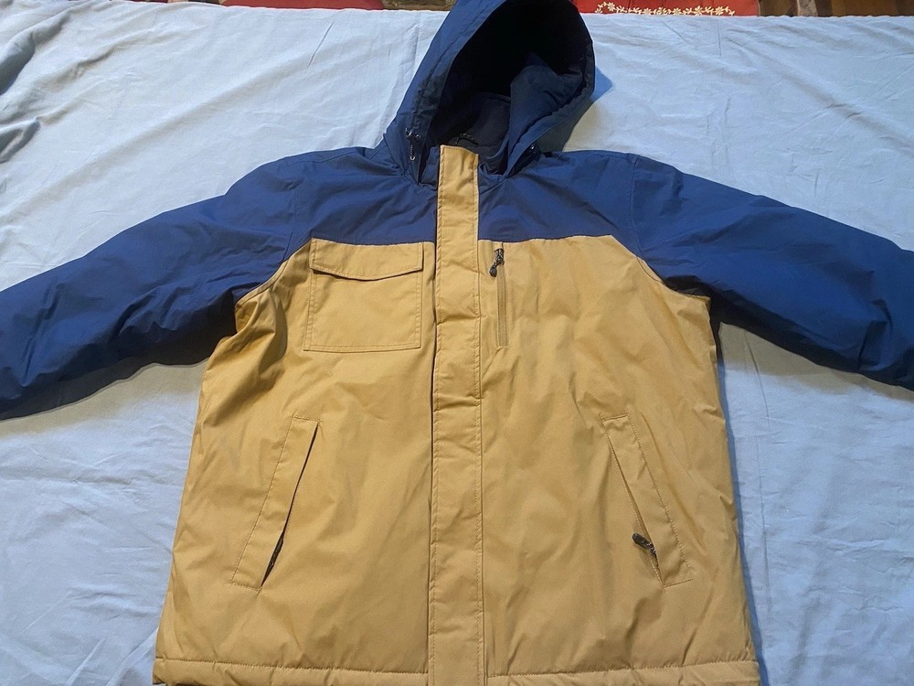 SwissTech Hooded Jacket Mens XL Tan And Navy Full Zip Long Sleeve Warm Winter