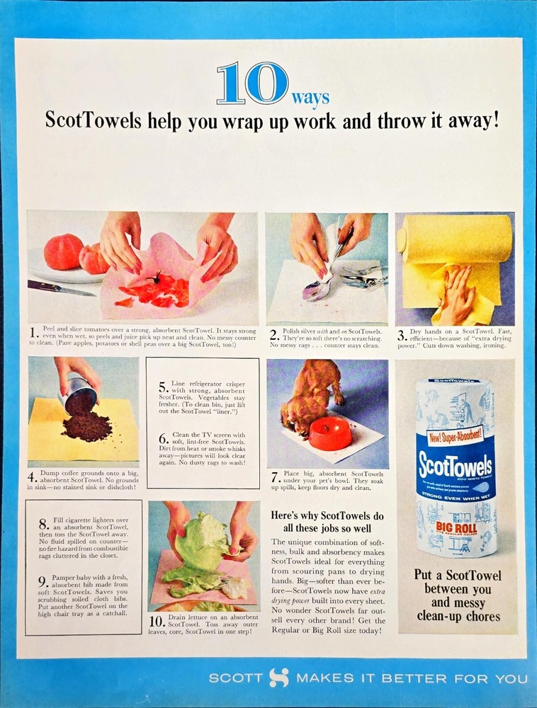 ScotTowels 10 Ways To Wrap Up And Throw Away Vintage Color Print Ad 10x13