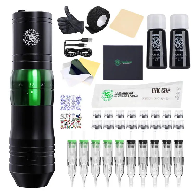 Wireless Adjustable Motor Tattoo Pen Kit with Needle and Ink Cartridges