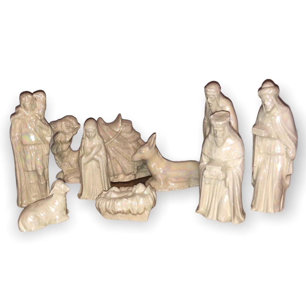 Vintage Nativity Christmas Set 9 Piece Iridescent Glazed White Mold