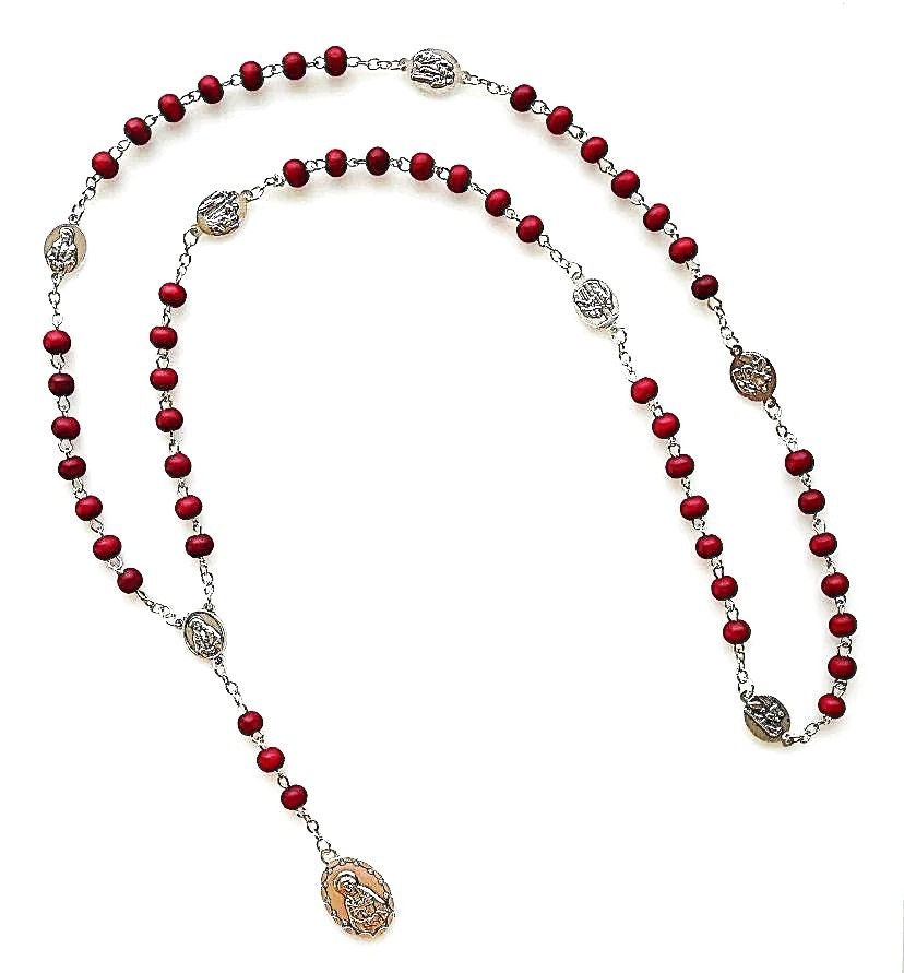 Our Lady of Seven Sorrows Red Wood Bead Rosary with Pouch
