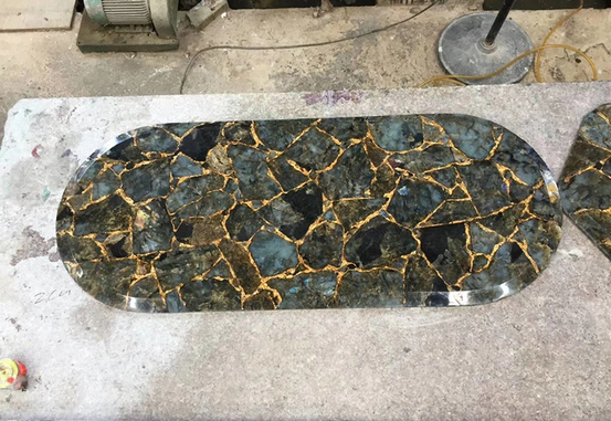 36 Inch Labradorite Oval Coffee Table Top with Agate Marble Finish