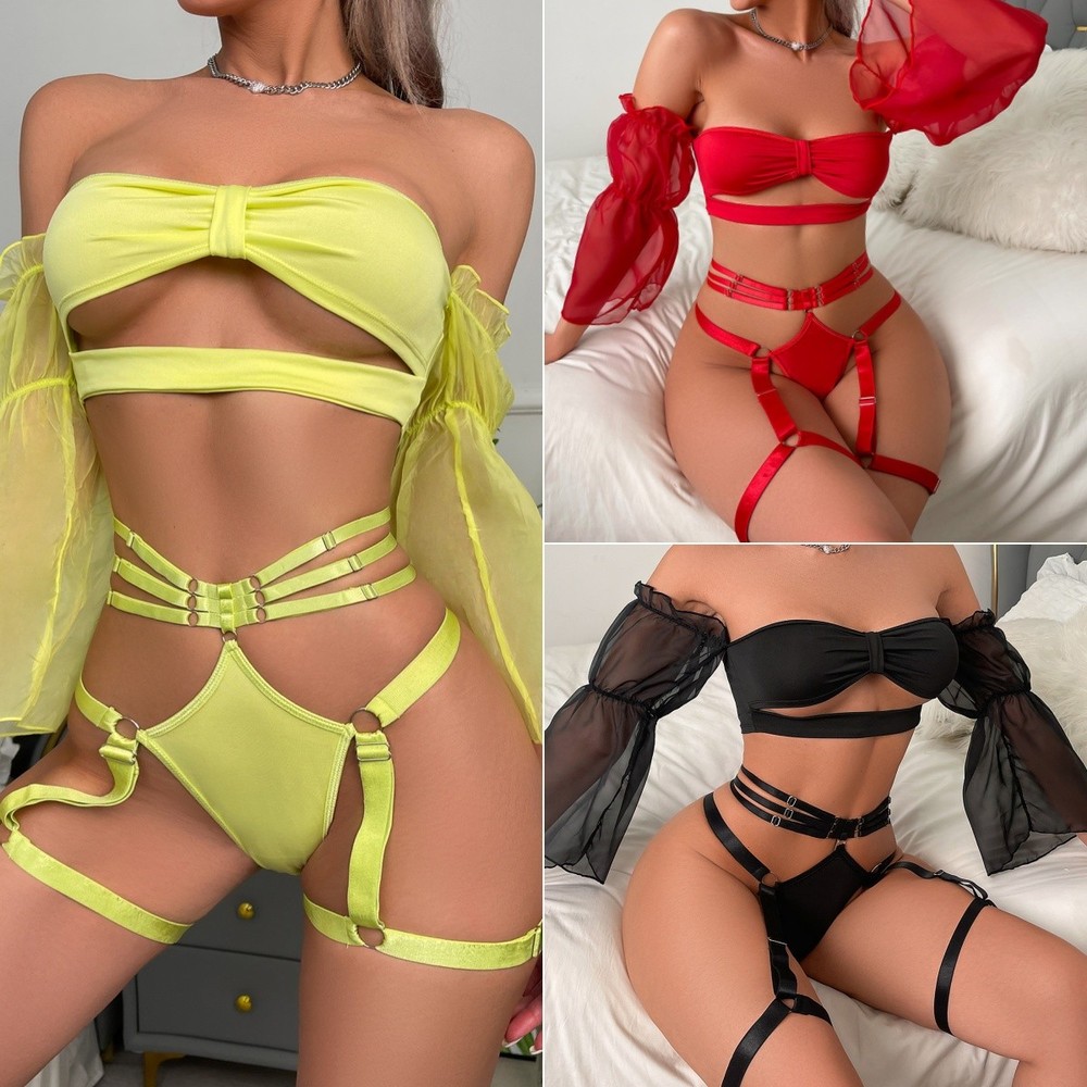Sexy Women's Lingerie Set Babydoll Bra & Thong Sleeved Sleepwear Nightwear