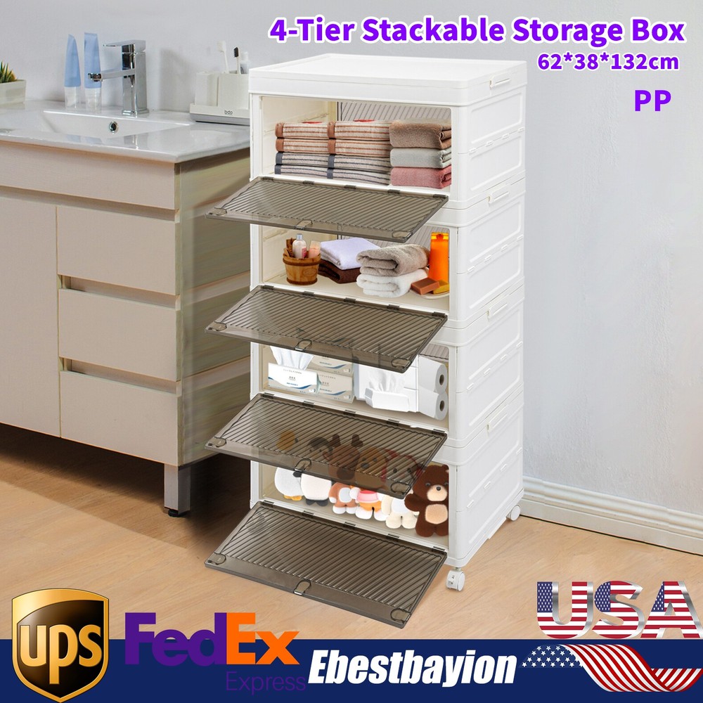 4-Tier Stackable Foldable Storage Bin with Wheels for Closet Organization