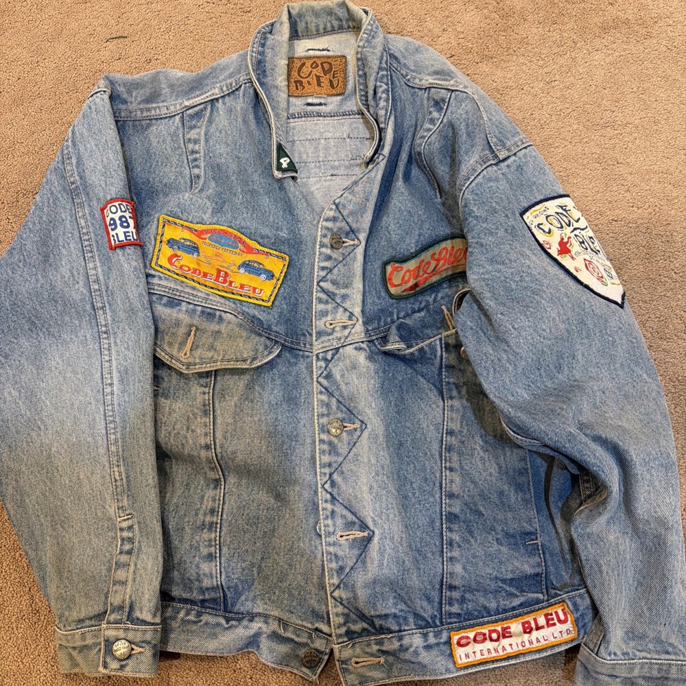 Vintage Code Bleu Jacket Mens Sz M Blue Denim Jean Patchwork Bomber Trucker