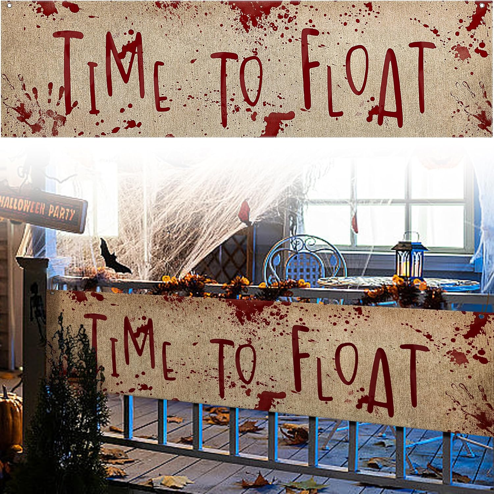 71in Halloween Horror Time to Float Banner - Bloody Burlap Yard Decoration for Spooky Decor