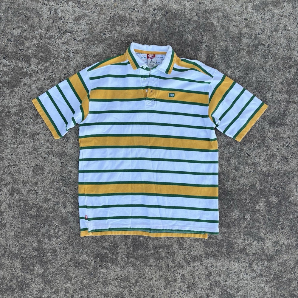 Vintage Ecko Unltd Rugby Polo Shirt L Yellow White Green Striped Y2K