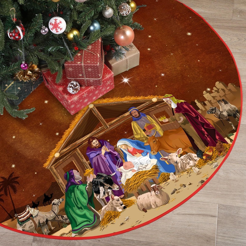 Blossound 48 Inch Nativity Scene Christmas Tree Skirt Holiday Decor