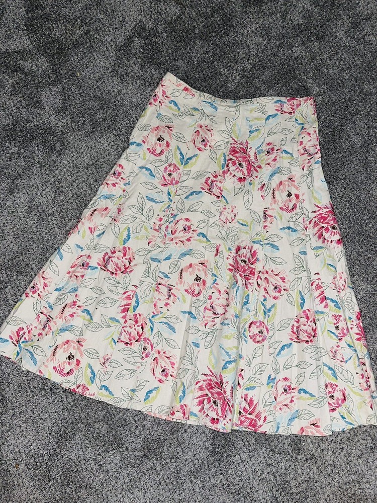 Marsh Landing Skirt Women 14 XL Cottage Beige Floral Preppy Coastal Linen A Line