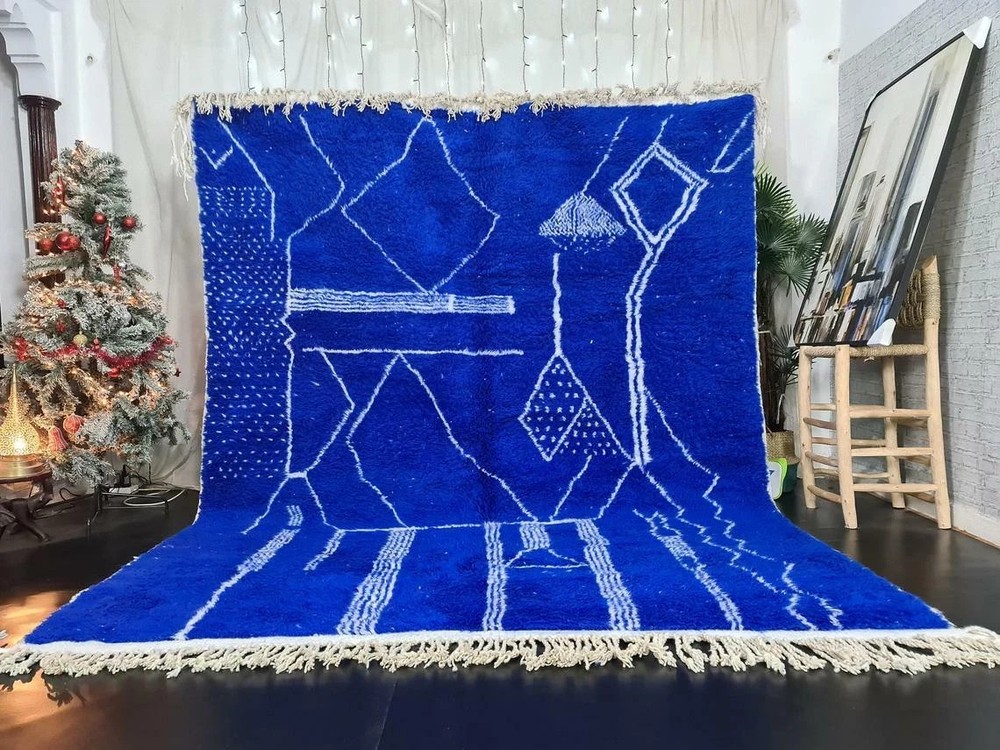 Moroccan Berber Beni Ourain Wool Rug Color Blue White Handmade Design Carpet Rug