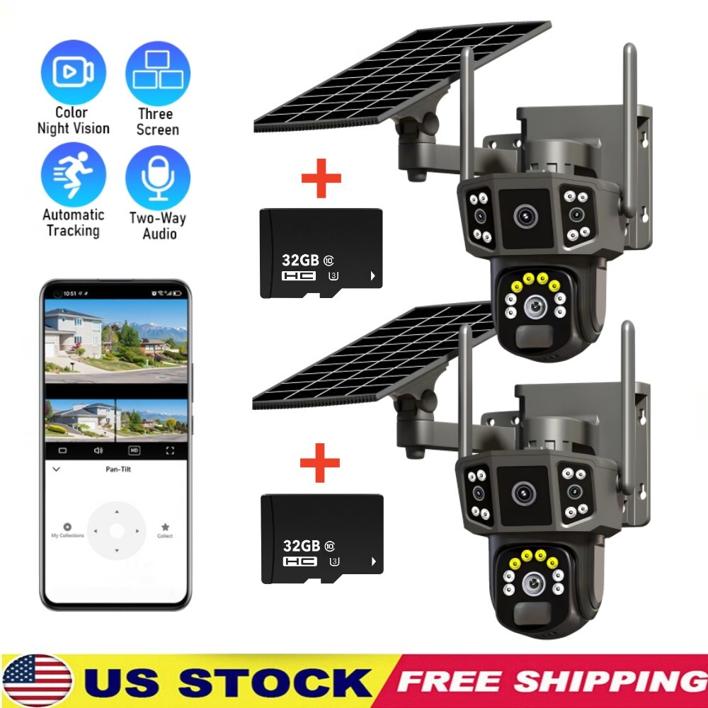 Three Lens 9MP WiFi Solar IP Camera Wireless Outdoor CCTV PTZ Home Security Cam