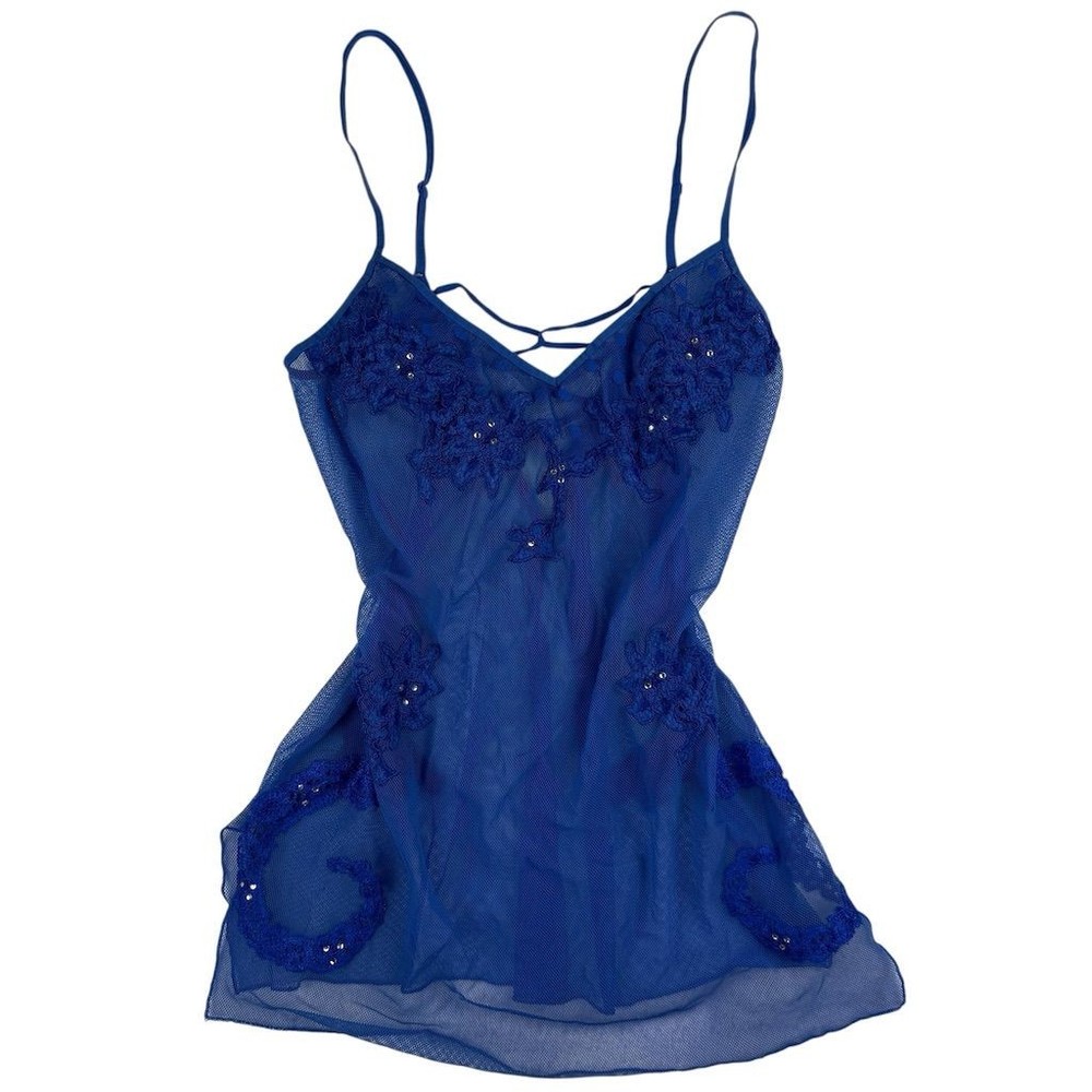 Victoria's Secret Blue Sheer Mesh Babydoll Lingerie Size M with Lace & Rhinestone Details