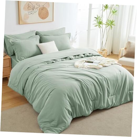 Comforter Set 7 Pieces Bed in a Bag, Bedding Comforter Set Queen Sage Green
